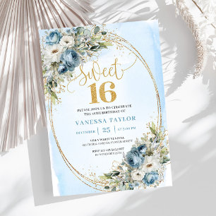 Zeitloses Blau und Weißes Blumen Sweet Sixteen   Einladung
