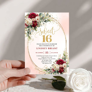 Zeitloses Boho-Burgund-Gold-Blumen-Sweet Sixteen Einladung