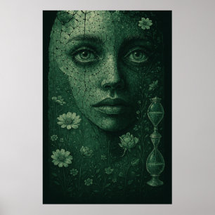 Zeitloses botanisches Stundenglas auf dunkelgrüner Poster