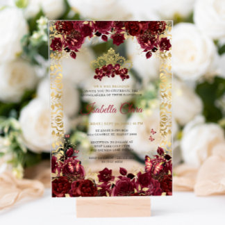 Zeitloses Burgunder Florales Goldener Bogen Quince Acryleinladungen