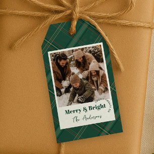Zeitloses Kiefern-Grün-Kariertes-Foto Merry & Brig Geschenkanhänger