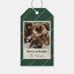 Zeitloses Kiefern-Grün-Kariertes-Foto Merry & Brig Geschenkanhänger
