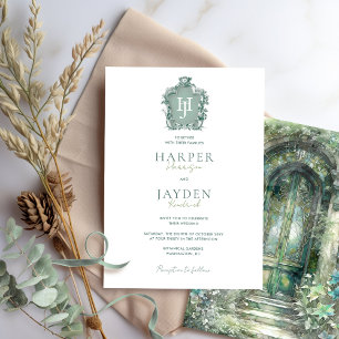 Zeitloses Monogramm, Chic Grüne Farbtöne Hochzeit Einladung