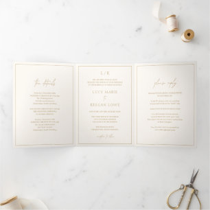 Zeitloses Monogramm Elfenbein und Gold Elegante Ho Dreifach Gefaltete Einladung