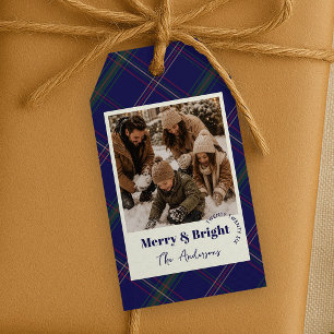 Zeitloses Navy Blau Kariertes Foto Merry & Bright Geschenkanhänger