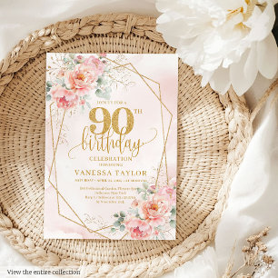 Zeitloses Pulver Pink Gold Floral 90. Geburtstag Einladung
