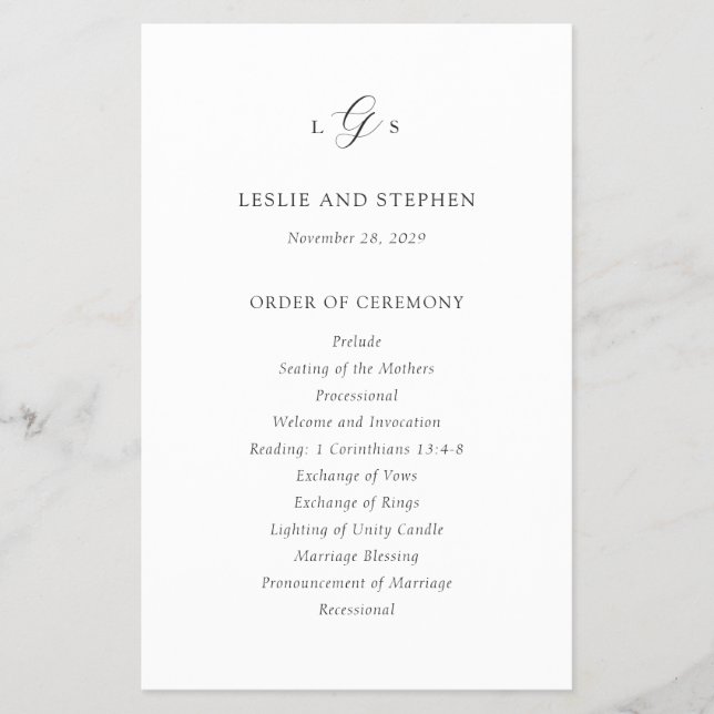 Zeitloses Schwarz-Weiß-Programm für Hochzeiten Flyer (Vorne)