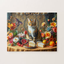 Zeitloses Stilleben mit Katze und Obst