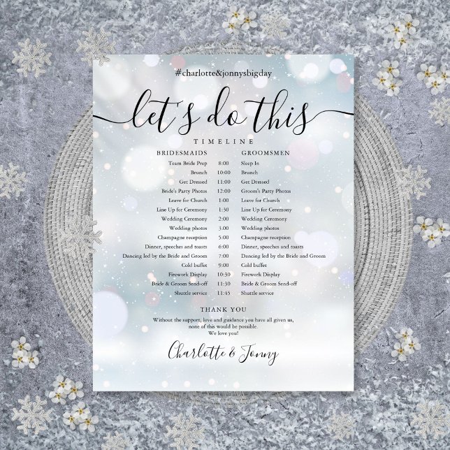 Zeitplan für die Hochzeit im Winter mit eleganten  (Winter Elegant Script Wedding Schedule Timeline)