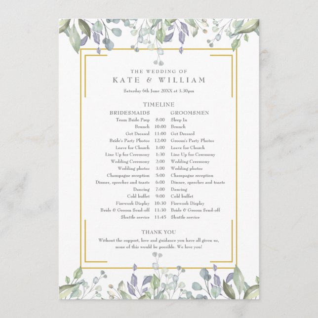 Zeitplan für die Hochzeit von Greenery Floral Programm (Vorderseite)