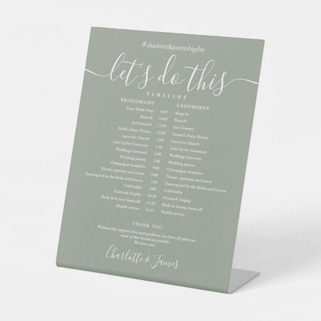 Zeitplan für die Hochzeit von grünen Skripten Sockelschild (Vorderseite)