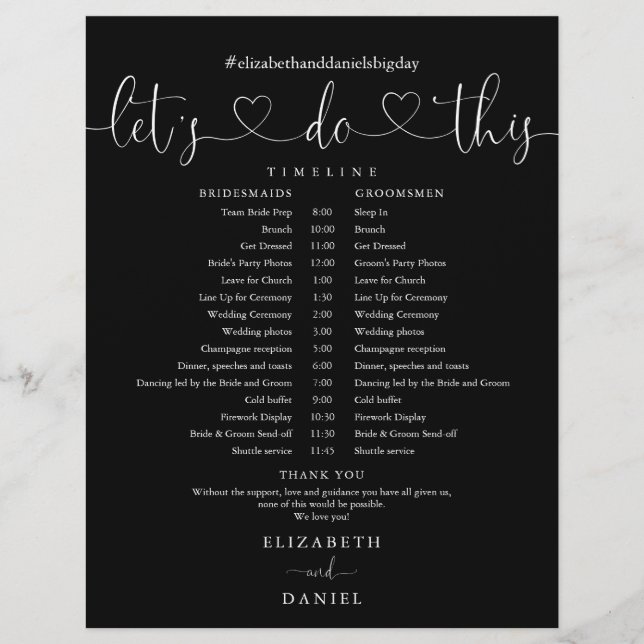Zeitplan für die Hochzeit von Schwarzweiß-Skripten (Vorderseite)