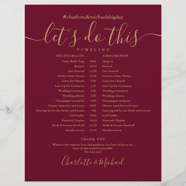 Zeitplan für Hochzeiten in Burgund und Gold (Vorderseite)