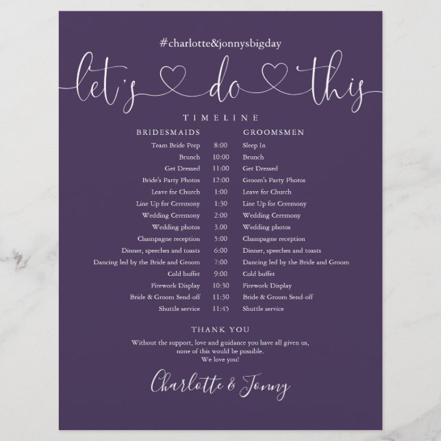 Zeitplan für Hochzeiten von lila Script-Herz (Vorderseite)