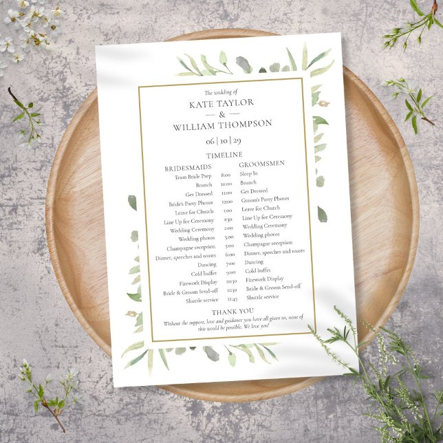 Zeitplan für Hochzeiten von Wasserfarben Programm (Watercolor Greenery Wedding Schedule Timeline Program)