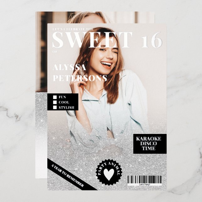 Zeitschrift Cover 2 Foto Silber Glitzer Sweet 16 Folieneinladung (Vorderseite/Rückseite)