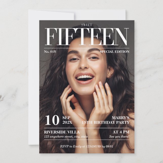 Zeitschrift Redaktion Sweet 15 Foto Einladung (Vorderseite)