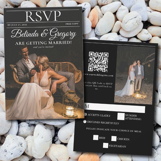 Zeitschrift Redaktion Zeitung Fotos Hochzeit RSVP Karte (Magazine Editorial Newspaper Photos Wedding RSVP Card)
