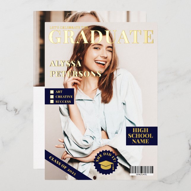 Zeitschrift Titelblatt 2 Fotos Blau Abschluss Gold Folieneinladung (Vorderseite/Rückseite)