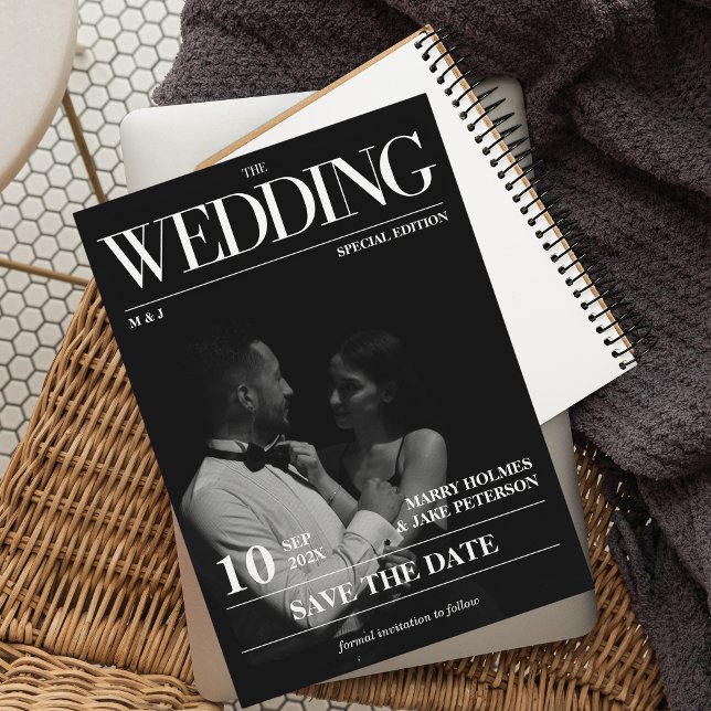 Zeitschriftenzeitschrift Hochzeit retten Datum Einladung (Magazine Unique Save the Date)