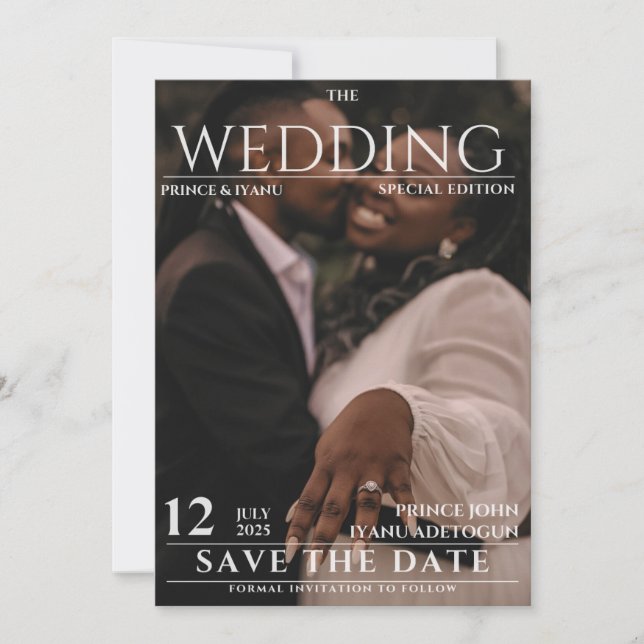 Zeitschriftenzeitschrift Hochzeit retten Datum Einladung (Vorderseite)