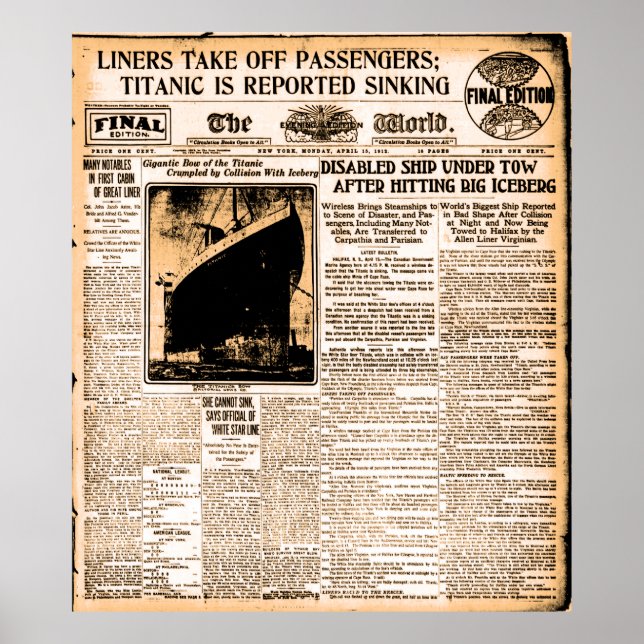 Zeitung 15. April 1912 Titanic berichtete Sinking Poster (Vorne)