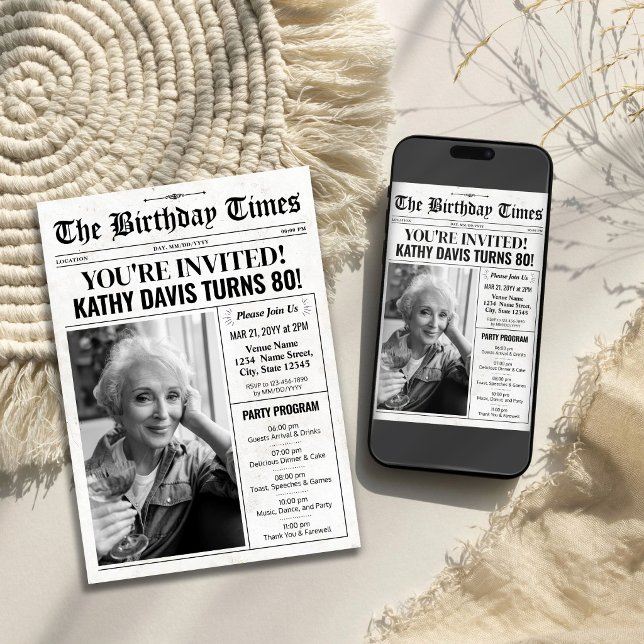 Zeitung 80. Geburtstag Einladungen mit Programm (Newspaper Birthday Invitation with Photo & Program)