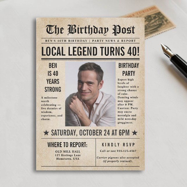 Zeitung Birthday News Funny Humors Men 40. Einladung (40th birthday party for men invitation card photo template vintage newspaper news funny humorous)