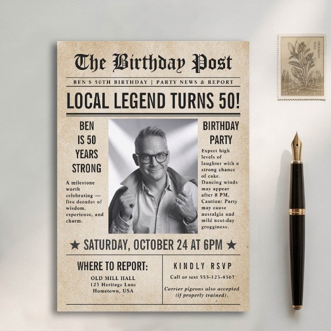 Zeitung Birthday News Funny Humors Men 50. Einladung (50th birthday party for men invitation card photo template vintage newspaper news funny humorous)