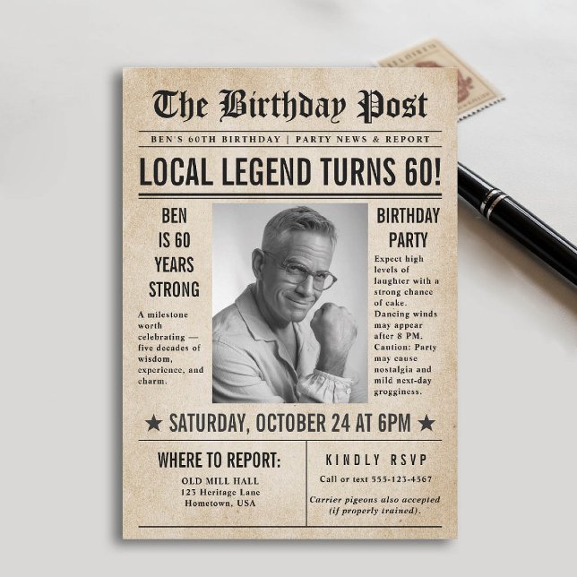 Zeitung Birthday News Funny Humors Men 60. Einladung (60th birthday party for men invitation card photo template vintage newspaper news funny humorous)