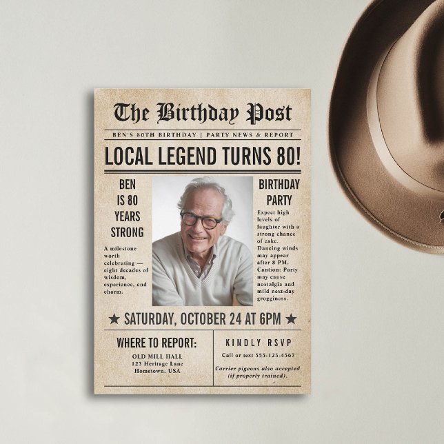 Zeitung Birthday News Funny Humors Men 80. Einladung (80th birthday party for men invitation card photo template vintage newspaper news funny humorous)