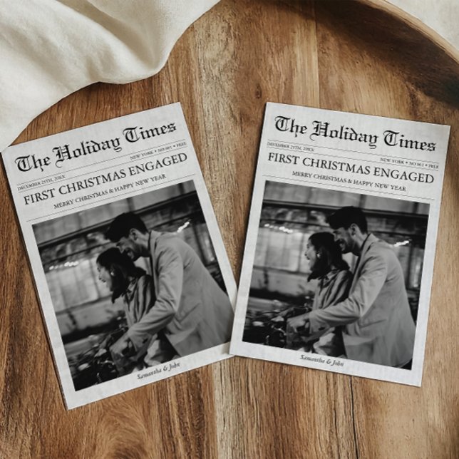 Zeitung Erste Weihnachten Verlobt einzigartig (First Christmas Engaged Newspaper Holiday Card with Photo, Engagement Announcement )