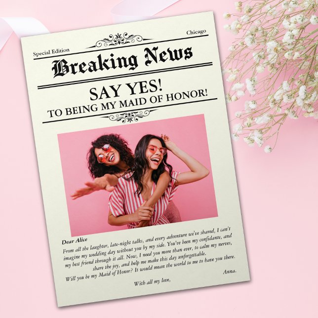 Zeitung Foto Trauzeugin oder Bridesmaid Einladung (Newspaper Photo Maid of Honor or Bridesmaid Invitation)