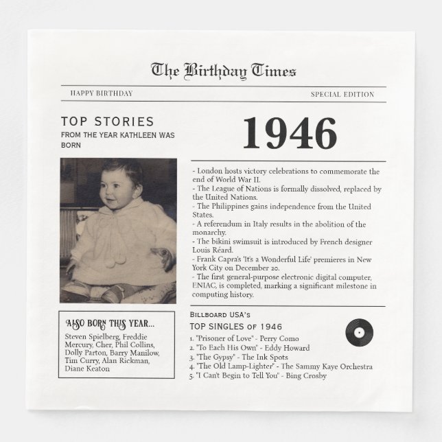 Zeitung Geburtszeitung Papiertücher 1946 Serviette (Vorderseite)