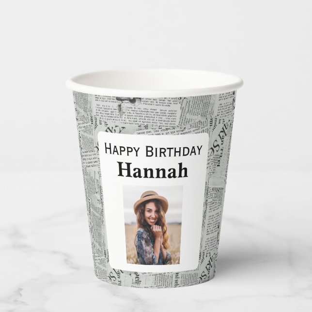 Zeitung Happy Birthday Foto Pappbecher (Vorderseite)