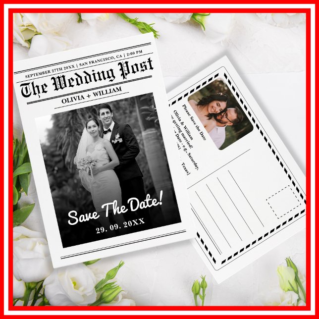 Zeitung Hochzeit Moderne Elegant Save the Date Postkarte (Von Creator hochgeladen)