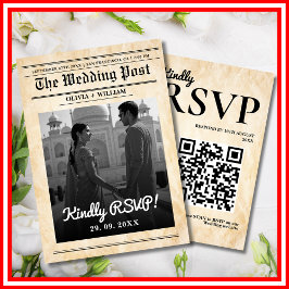 Zeitung Hochzeit rustikal Elegant QR Code RSVP Karte