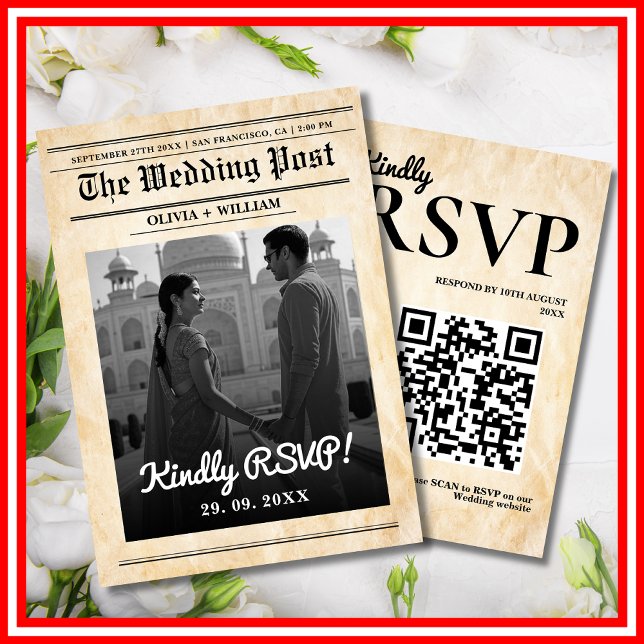 Zeitung Hochzeit rustikal Elegant QR Code RSVP Karte (Von Creator hochgeladen)