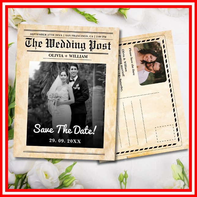 Zeitung Hochzeit rustikales Elegant Save the Date Postkarte (Von Creator hochgeladen)