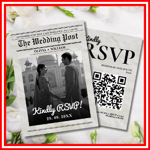 Zeitung Hochzeit Vintage Elegant QR Code RSVP Karte