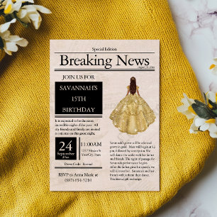 Zeitung im Vintage-Stil zur Quinceañera in Gold Einladung