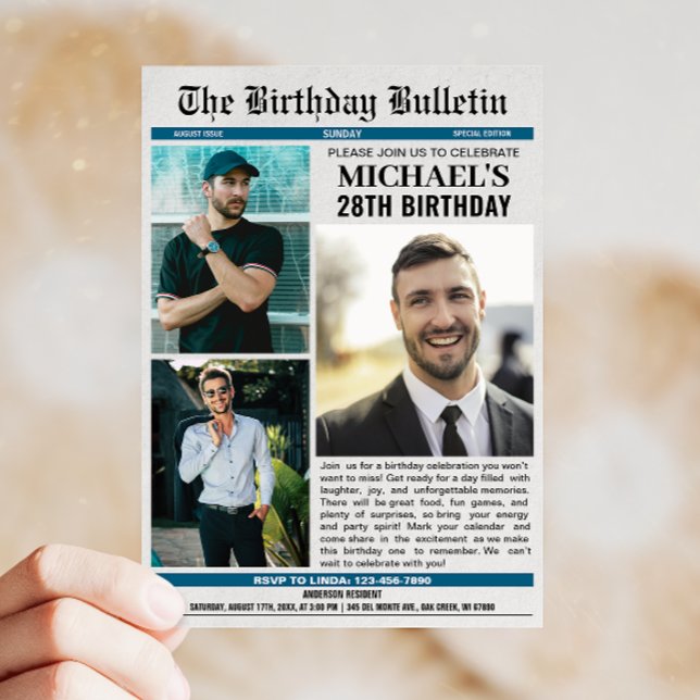 Zeitung mit Fotos jeden Geburtstag Einladung (Celebrate your birthday in style with a newspaper design invitation that adds fun and flair!)