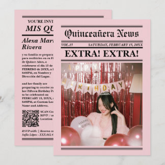 Zeitung Quinceanera Elegante moderne Foto-QR-Code Einladung