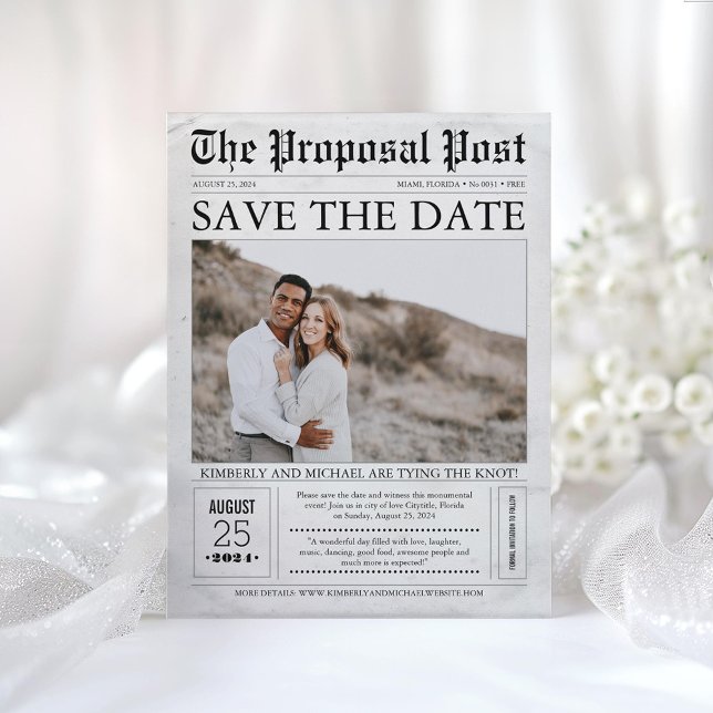 Zeitung Save the Date Foto Postkarte (Newspaper Save the Date Photo Postcard)