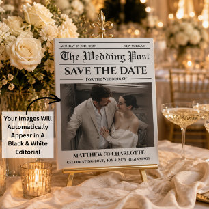 Zeitung Save the Date Hochzeit Schwarz-Weiß-Karte