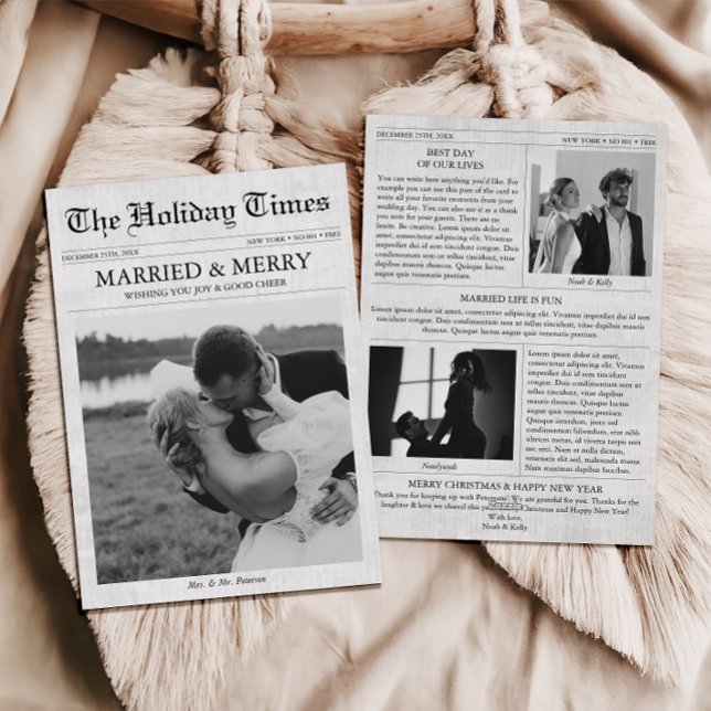 Zeitung Weihnachten froh & Verheiratet 3 Foto (Married & Merry Newlywed Christmas Card, Our first Christmas Married Newspaper Holiday Card)
