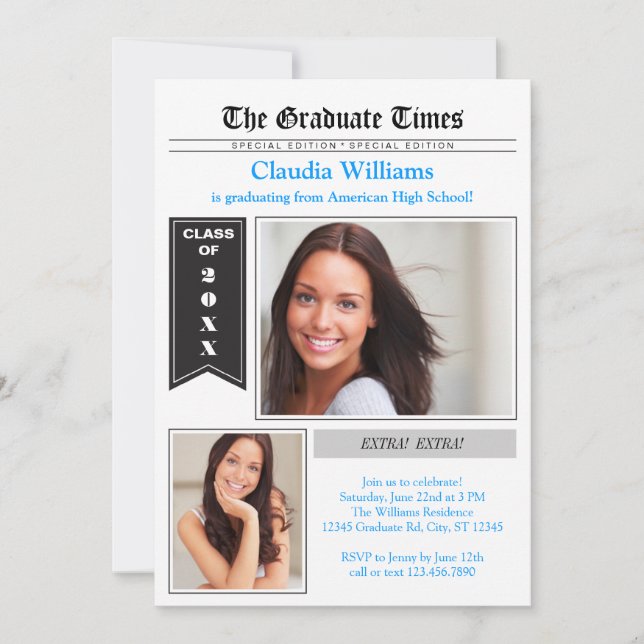 Zeitungs-Foto-Abschluss-Einladung Einladung (Vorderseite)