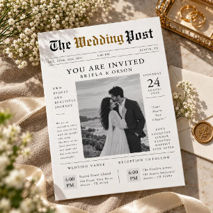 Zeitungs Hochzeit Moderne Schwarz-Weiß-Foto Einladung