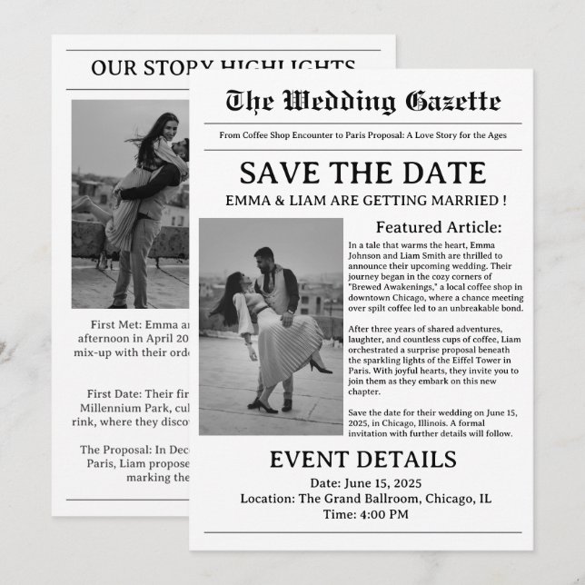 Zeitungs Hochzeit Save The Date (Vorne/Hinten)
