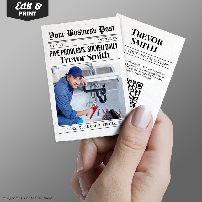 Zeitungs-Visitenkarte, Klempner-Pro Telefonnummerkarte (Newspaper Business Card, Plumber Plumbing Pro Calling Card)